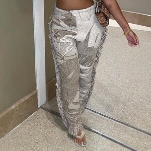 Handmade Tapestry Pants cream and tan with fringes